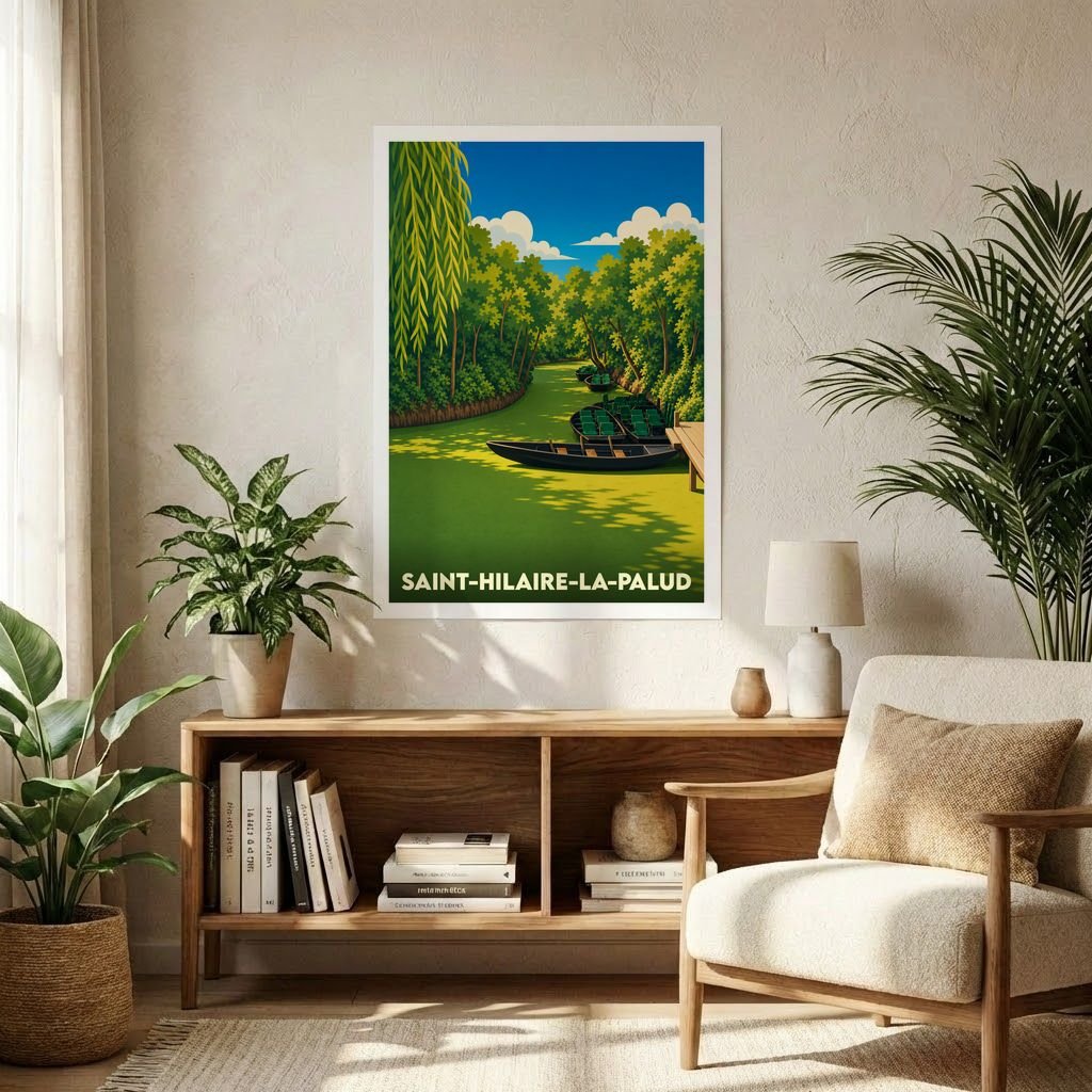 Affiche souvenir de la ville de Saint-Hilaire-la-Palud avec une illustration stylisée du Marais poitevin.