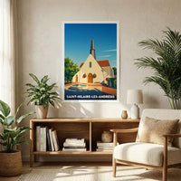 Affiche souvenir de la ville de Saint-Hilaire-les-Andrésis avec une illustration stylisée de son église.