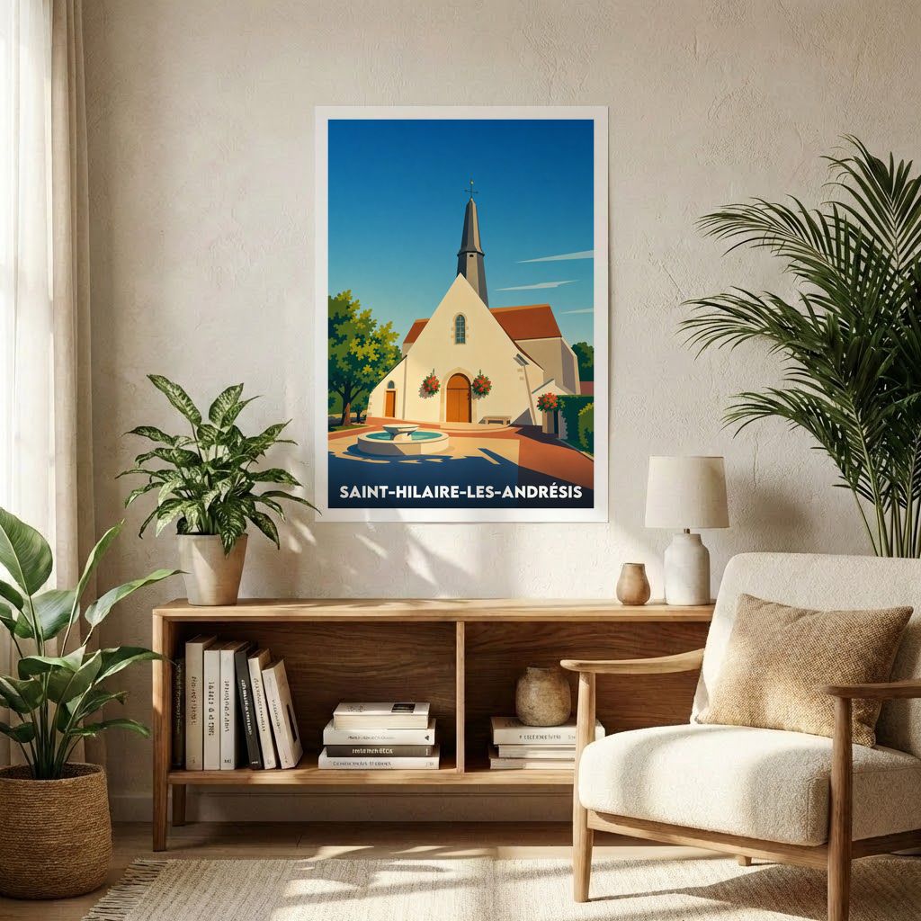 Affiche souvenir de la ville de Saint-Hilaire-les-Andrésis avec une illustration stylisée de son église.