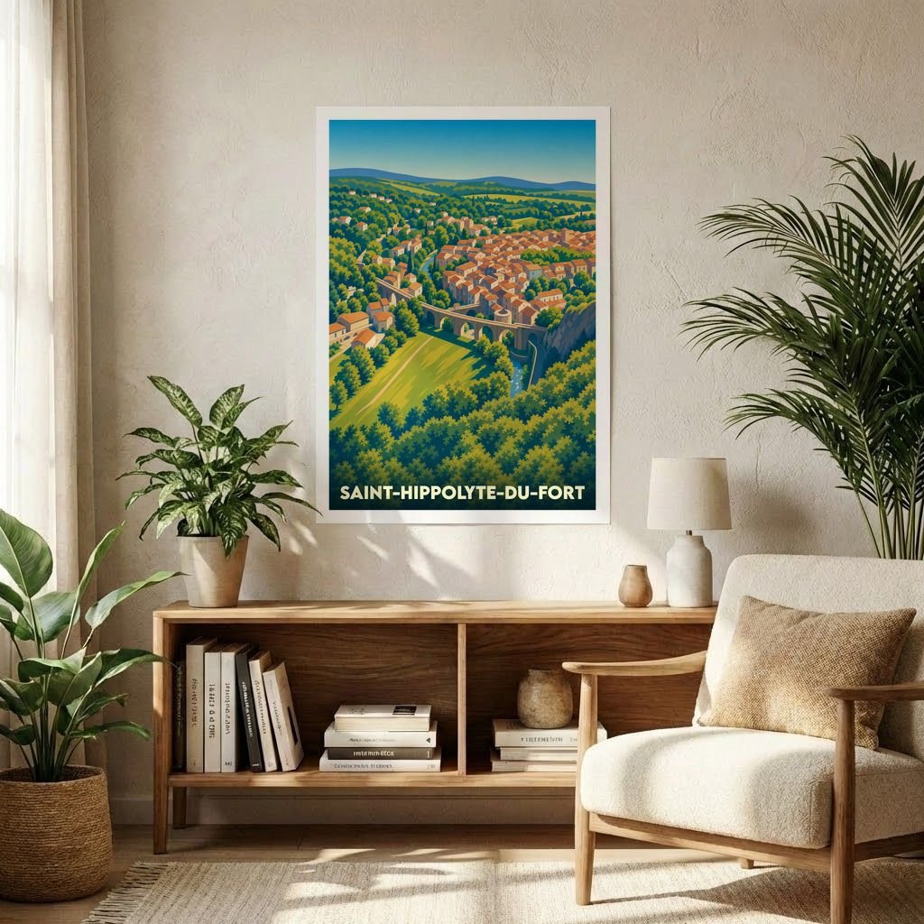 Affiche souvenir de la ville de Saint-Hippolyte-du-Fort présentant une illustration stylisée d'un paysage panoramique.