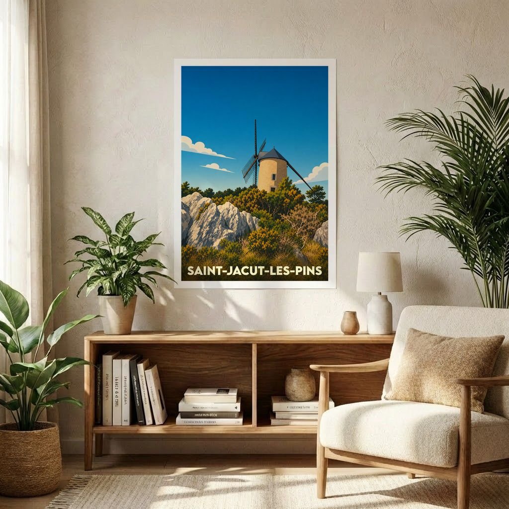 Affiche souvenir de la ville de Saint-Jacut-les-Pins illustrant un moulin à vent dans un paysage vallonné.