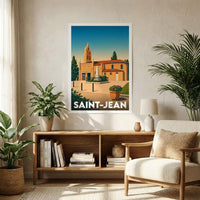 Affiche souvenir de la ville de Saint-Jean avec une illustration stylisée d'une église sous un ciel dégradé.