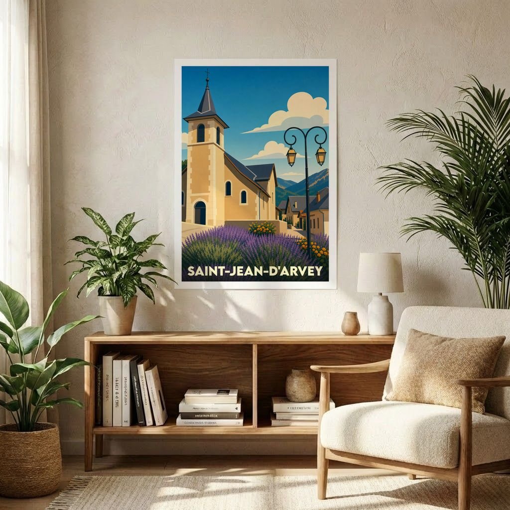 Affiche souvenir de la ville de Saint-Jean-d'Arvey avec une illustration stylisée d'une église et de champs de lavande.