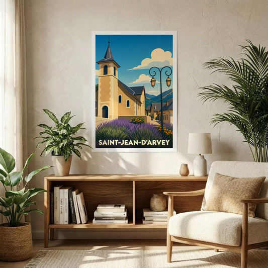 Affiche souvenir de la ville de Saint-Jean-d'Arvey avec une illustration stylisée d'une église et de champs de lavande.