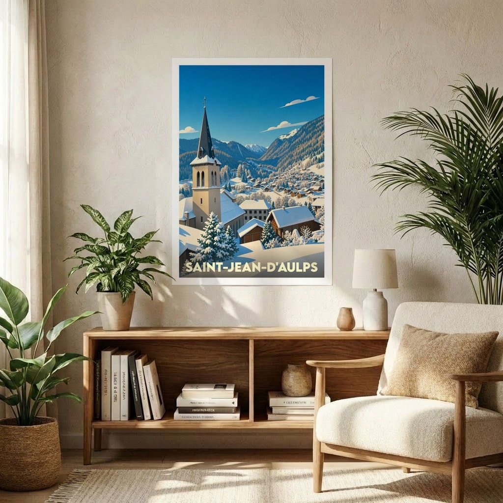 Affiche souvenir de la ville de Saint-Jean-d'Aulps avec une illustration stylisée d'un village de montagne enneigé.