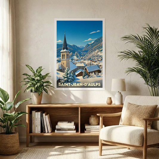 Affiche souvenir de la ville de Saint-Jean-d'Aulps avec une illustration stylisée d'un village de montagne enneigé.