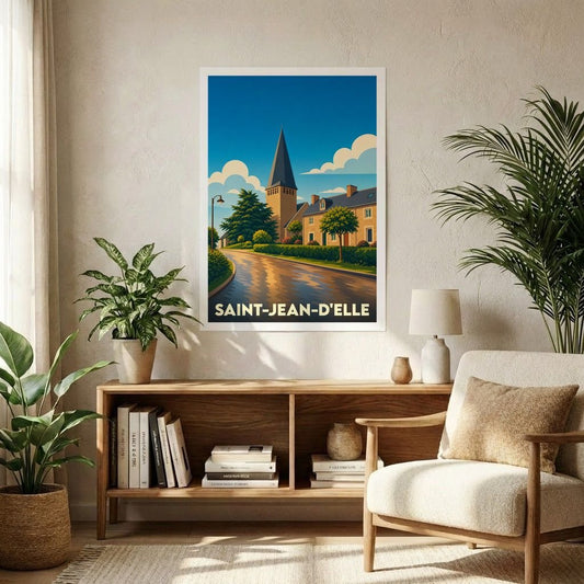 Affiche souvenir de la ville de Saint-Jean-d'Elle avec une illustration stylisée.
