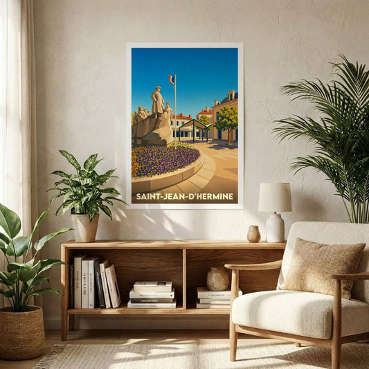 Affiche souvenir de la ville de Saint-Jean-d'Hermine avec une illustration stylisée d'une place ensoleillée.