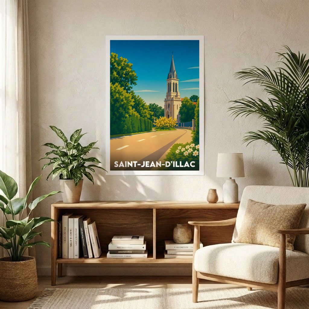 Affiche souvenir de la ville de Saint-Jean-d'Illac avec une illustration stylisée.