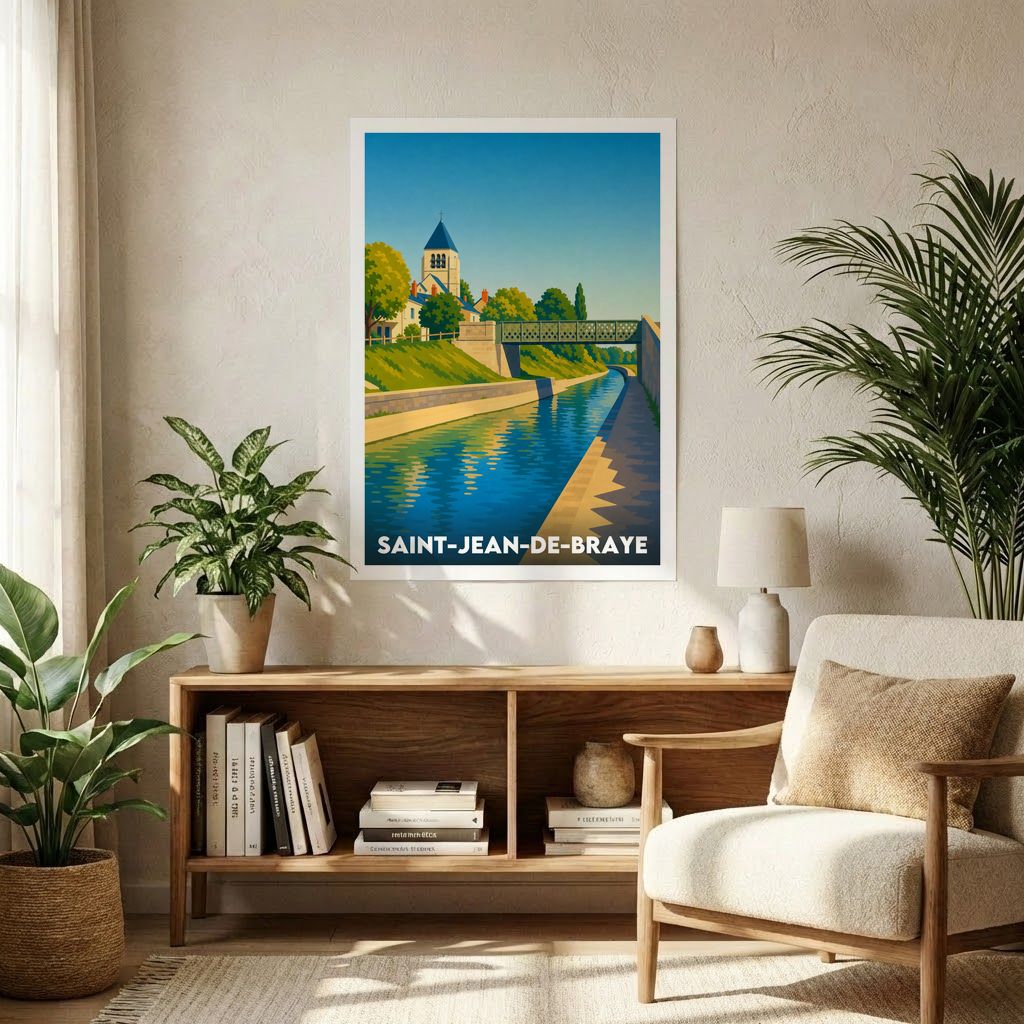 Affiche souvenir de la ville de Saint-Jean-de-Braye avec une illustration stylisée de son canal.