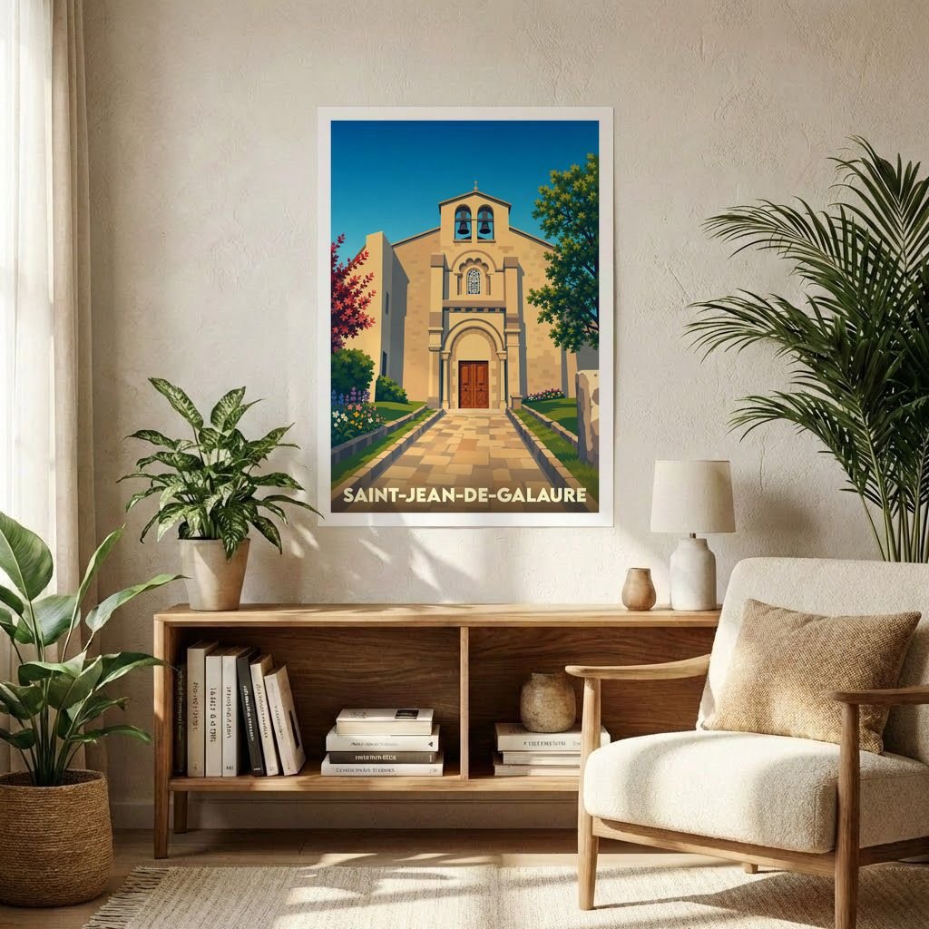 Affiche souvenir de la ville de Saint-Jean-de-Galaure avec une illustration stylisée d'une église sous un ciel bleu.