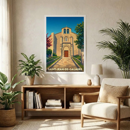 Affiche souvenir de la ville de Saint-Jean-de-Galaure avec une illustration stylisée d'une église sous un ciel bleu.