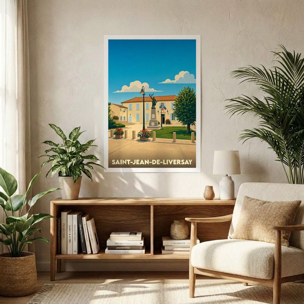 Affiche souvenir de la ville de Saint-Jean-de-Liversay présentant une illustration stylisée de sa place principale.