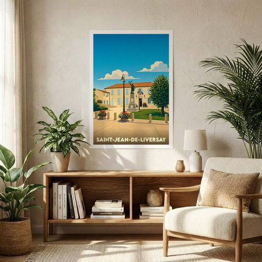 Affiche souvenir de la ville de Saint-Jean-de-Liversay présentant une illustration stylisée de sa place principale.