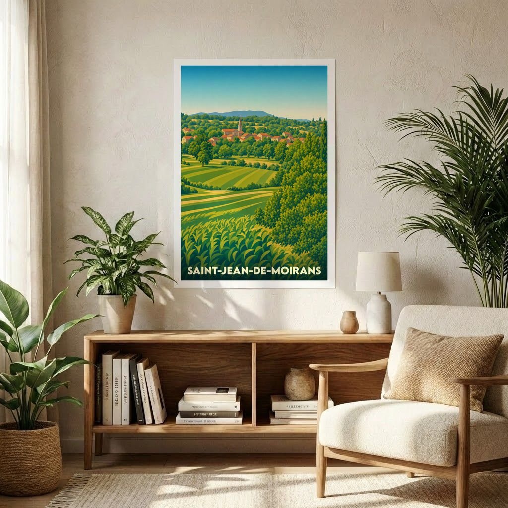 Affiche souvenir de la ville de Saint-Jean-de-Moirans avec une illustration stylisée de son paysage rural et vallonné.