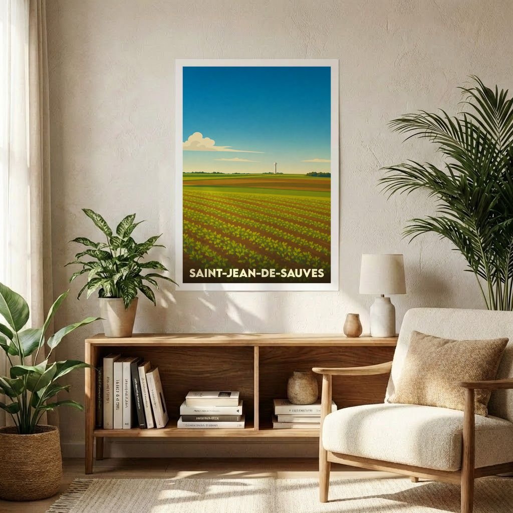 Affiche souvenir de la ville de Saint-Jean-de-Sauves avec une illustration stylisée de champs agricoles sous un ciel bleu.