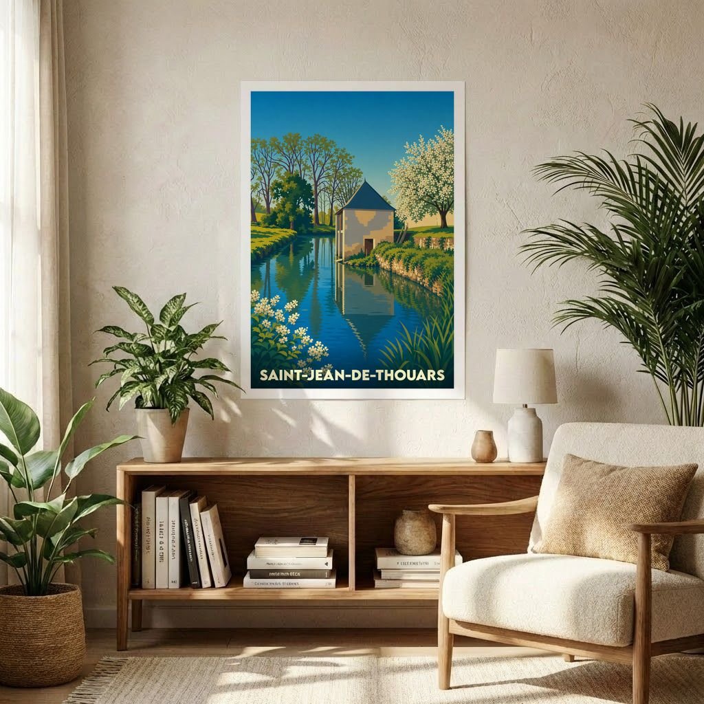 Affiche souvenir de la ville de Saint-Jean-de-Thouars avec une illustration stylisée d'un moulin au bord de l'eau.