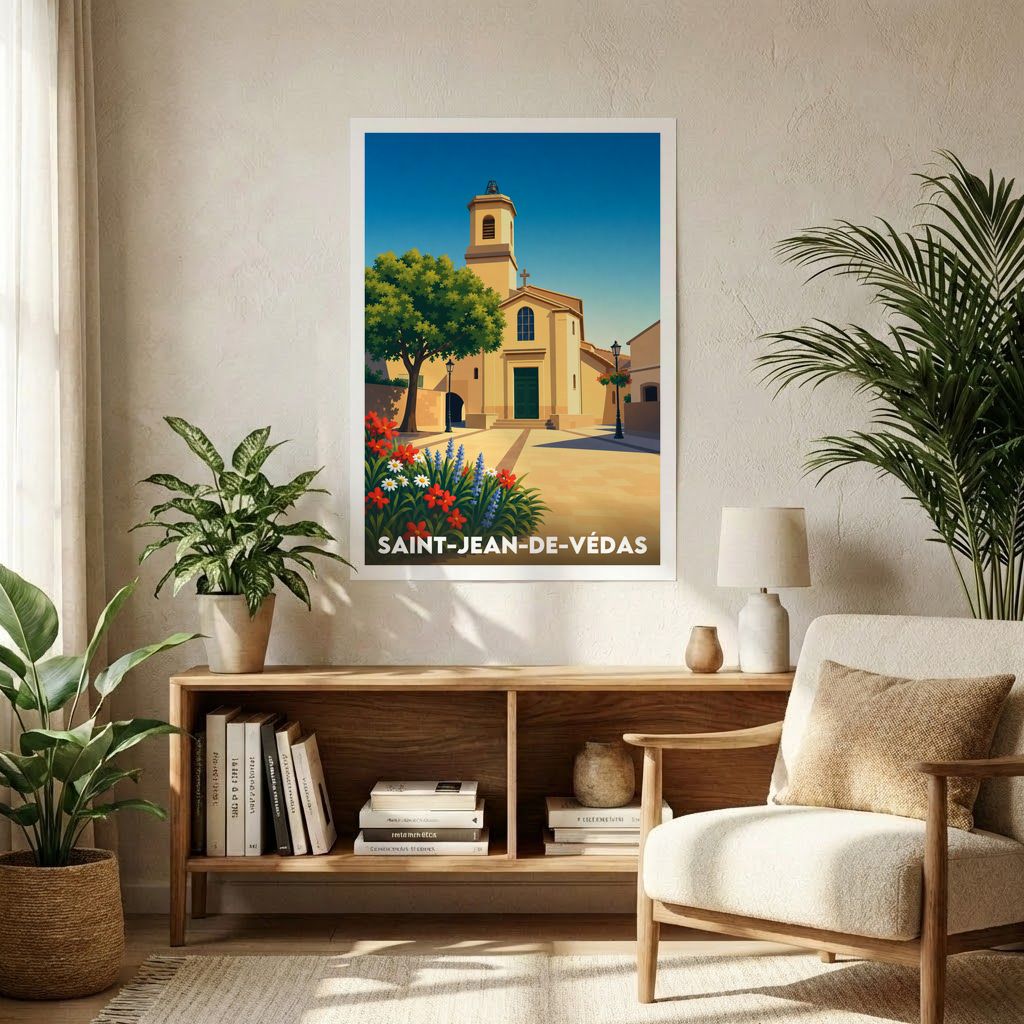 Affiche souvenir de la ville de Saint-Jean-de-Védas avec une illustration stylisée d'une église ensoleillée.