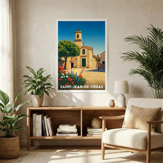 Affiche souvenir de la ville de Saint-Jean-de-Védas avec une illustration stylisée d'une église ensoleillée.