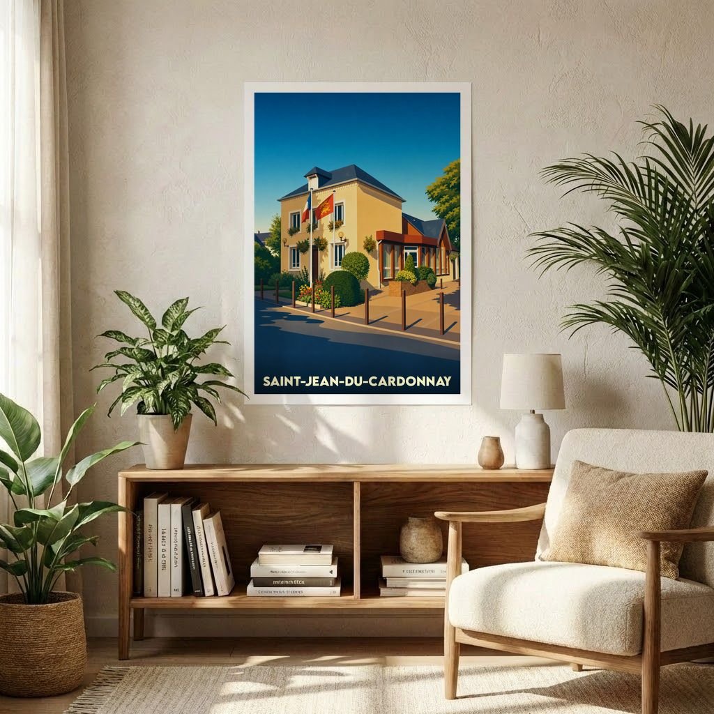 Affiche souvenir de la ville de Saint-Jean-du-Cardonnay avec une illustration stylisée d'un bâtiment emblématique.