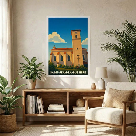 Affiche souvenir de la ville de Saint-Jean-la-Bussière avec une illustration stylisée de son église sous un ciel bleu.