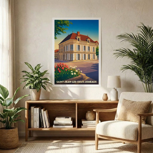 Affiche souvenir de la ville de Saint-Jean-les-Deux-Jumeaux avec une illustration stylisée d'un bâtiment historique sous un ciel azur.