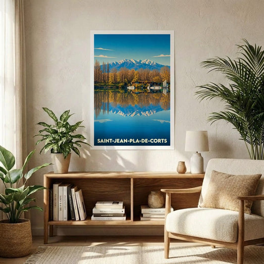 Affiche souvenir de la ville de Saint-Jean-Pla-de-Corts avec une illustration stylisée d'un lac et de montagnes.