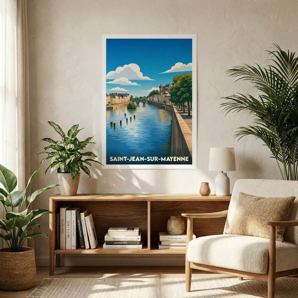 Affiche souvenir de la ville de Saint-Jean-sur-Mayenne avec une illustration stylisée de sa rivière et de son pont.