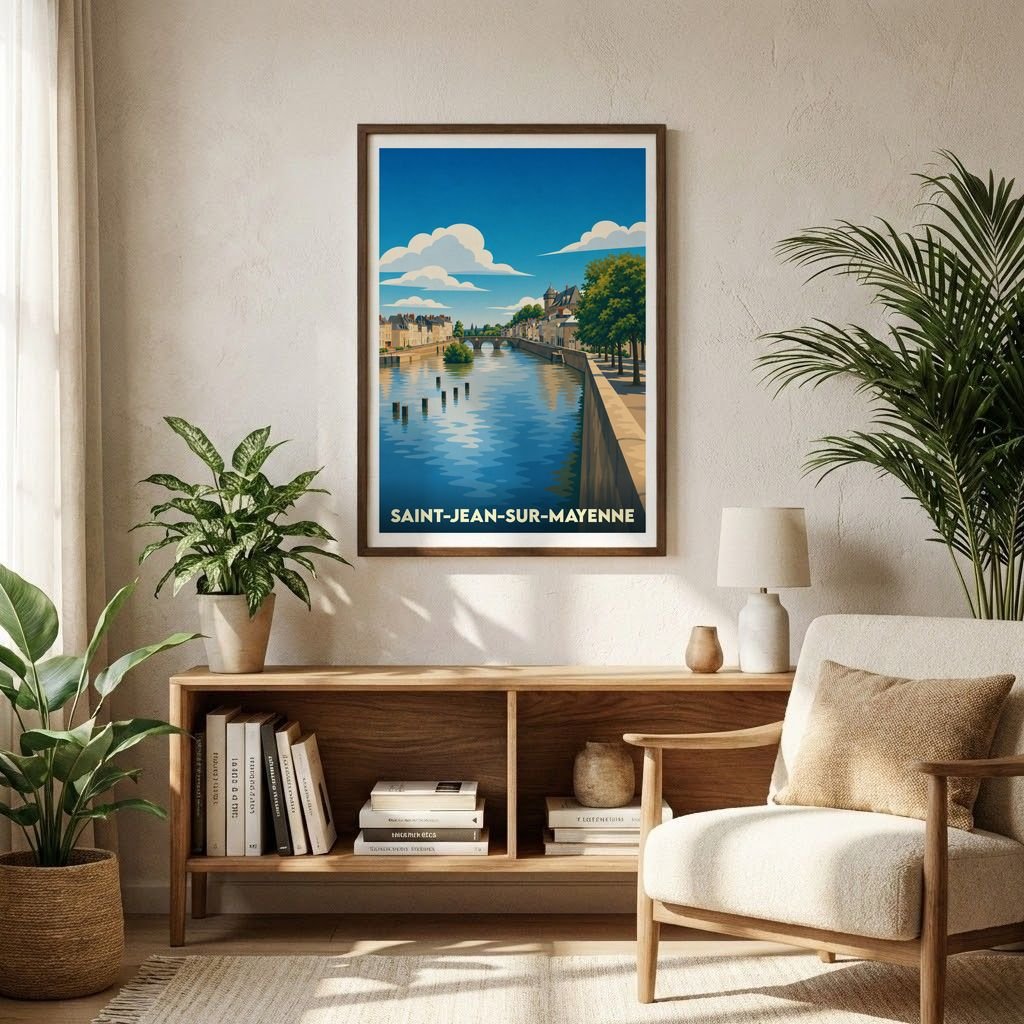 Affiche souvenir de la ville de Saint-Jean-sur-Mayenne avec une illustration stylisée d'un paysage fluvial.