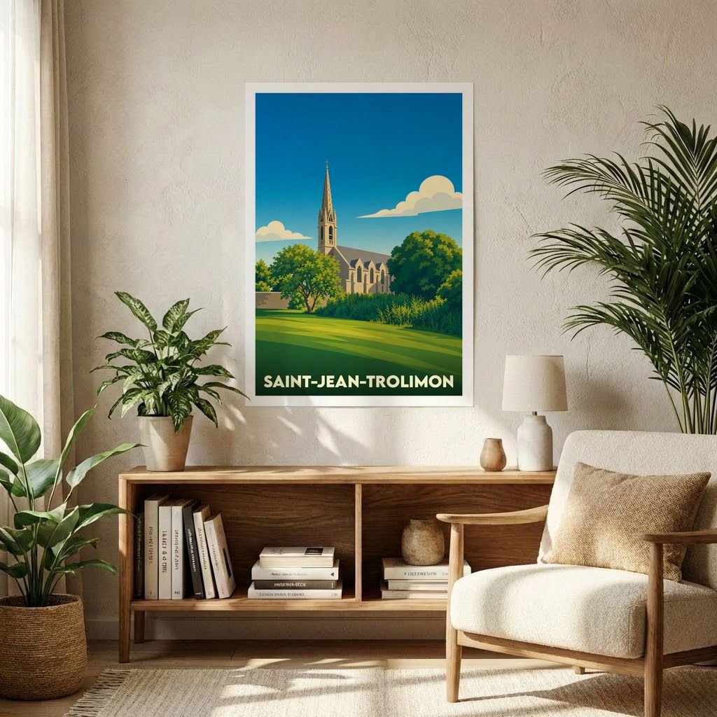 Affiche souvenir de la ville de Saint-Jean-Trolimon avec une illustration stylisée d'une église et de son clocher.