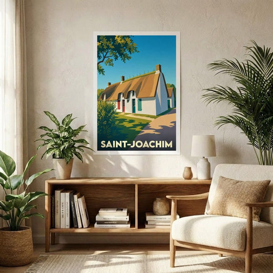 Affiche souvenir de la ville de Saint-Joachim avec une illustration stylisée d'une maison traditionnelle à toit de chaume.