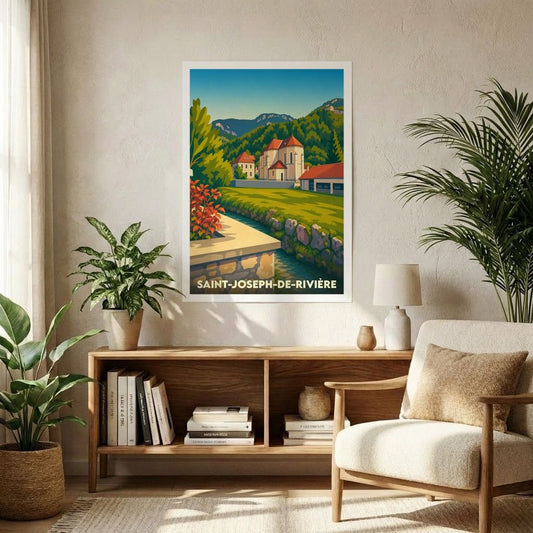 Affiche souvenir de la ville de Saint-Joseph-de-Rivière avec une illustration paysagère stylisée.
