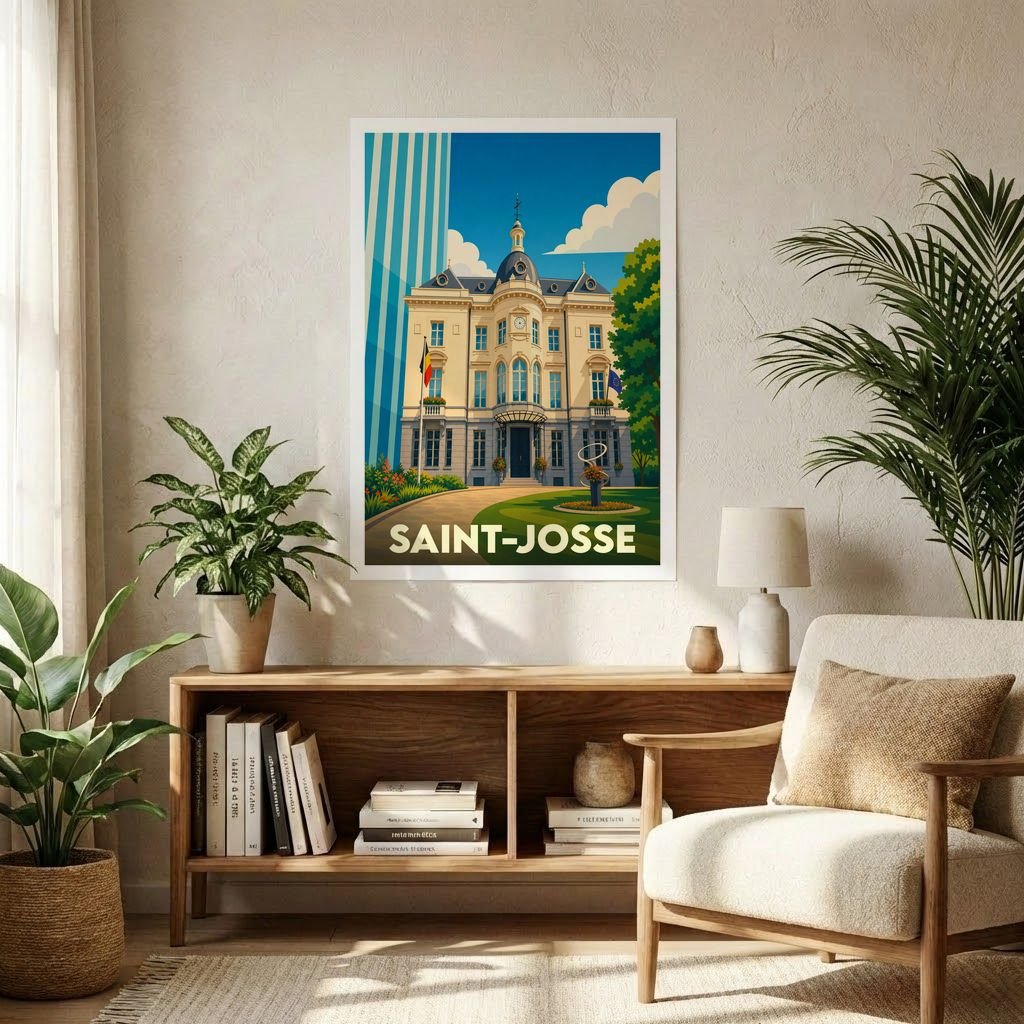 Affiche souvenir de la ville de Saint-Josse avec une illustration stylisée de son hôtel de ville.