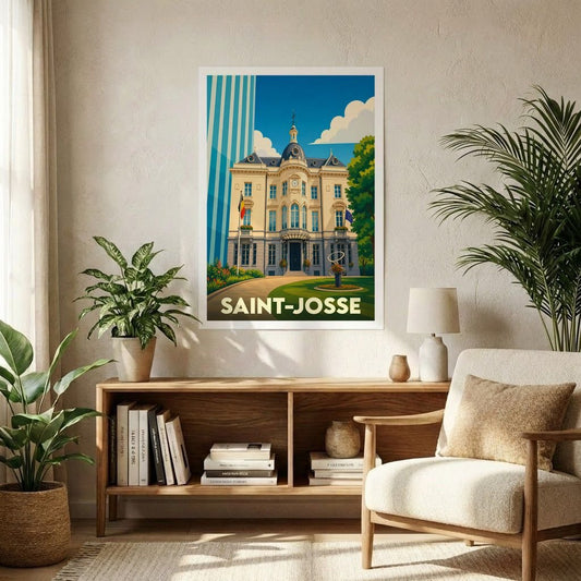 Affiche souvenir de la ville de Saint-Josse avec une illustration stylisée de son hôtel de ville.