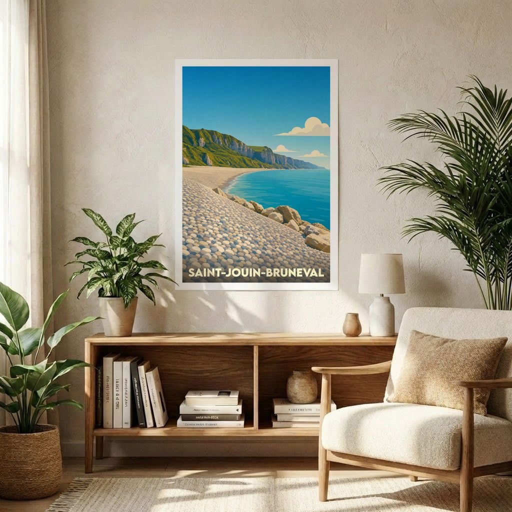 Affiche souvenir de la ville de Saint-Jouin-Bruneval avec une illustration stylisée de son littoral.