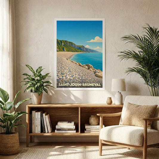 Affiche souvenir de la ville de Saint-Jouin-Bruneval avec une illustration stylisée de son littoral.