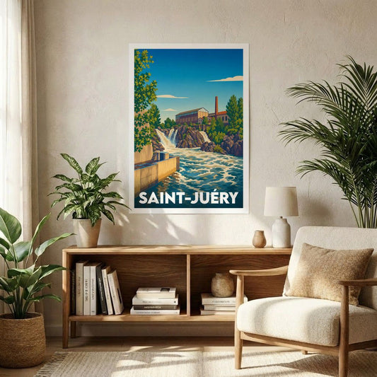 Affiche souvenir de la ville de Saint-Juéry avec une illustration stylisée d'un paysage fluvial et industriel.