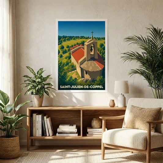 Affiche souvenir de la ville de Saint-Julien-de-Coppel avec une illustration stylisée d'une chapelle entourée de verdure.