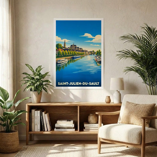 Affiche souvenir de la ville de Saint-Julien-du-Sault avec une illustration stylisée d'un canal bordé de bateaux et de monuments historiques.