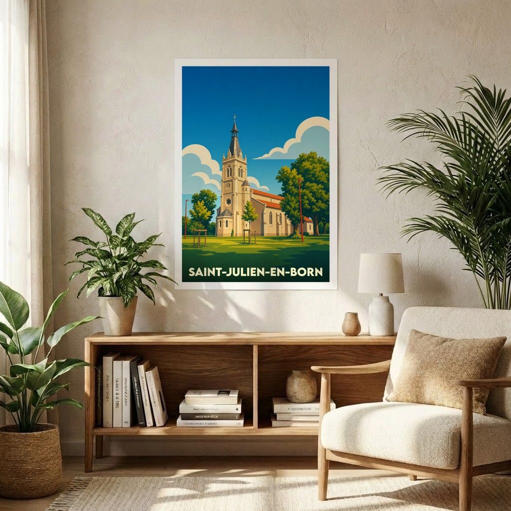 Affiche souvenir de la ville de Saint-Julien-en-Born avec une illustration stylisée de son église sous un ciel bleu.