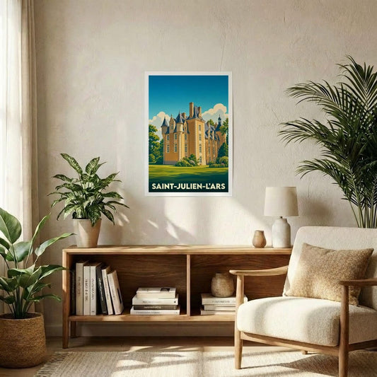 Affiche souvenir de la ville de Saint-Julien-l'Ars avec une illustration stylisée d'un château.