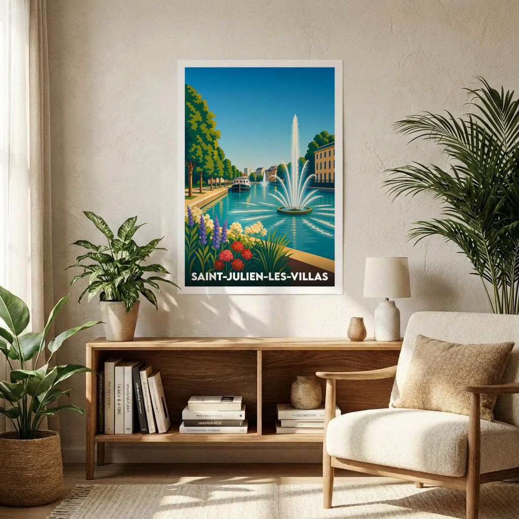 Affiche de décoration au format A1 représentant une vue stylisée et fleurie de Saint-Julien-les-Villas.