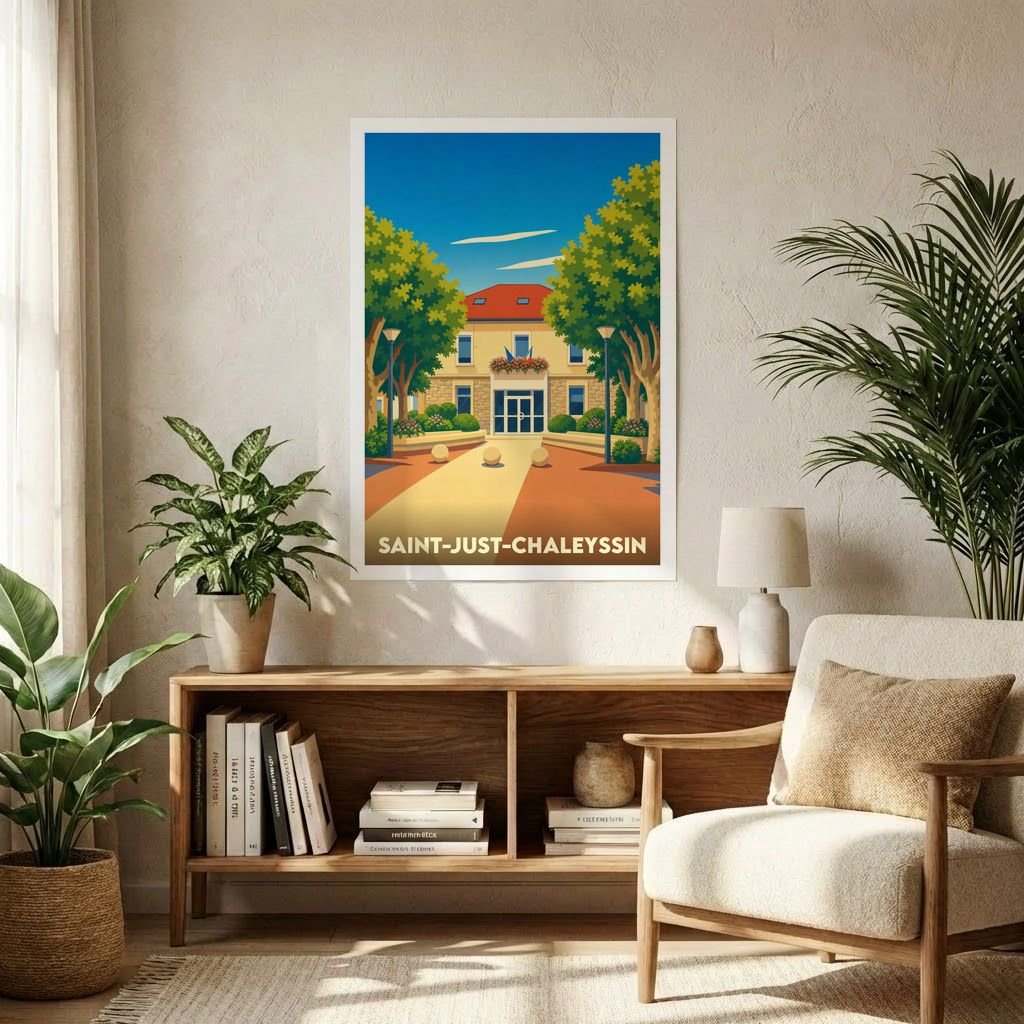 Affiche souvenir de la ville de Saint-Just-Chaleyssin avec une illustration stylisée de sa mairie.