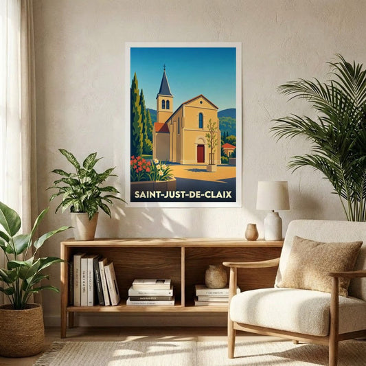 Affiche souvenir de la ville de Saint-Just-de-Claix avec une illustration stylisée de son église sous un ciel bleu.