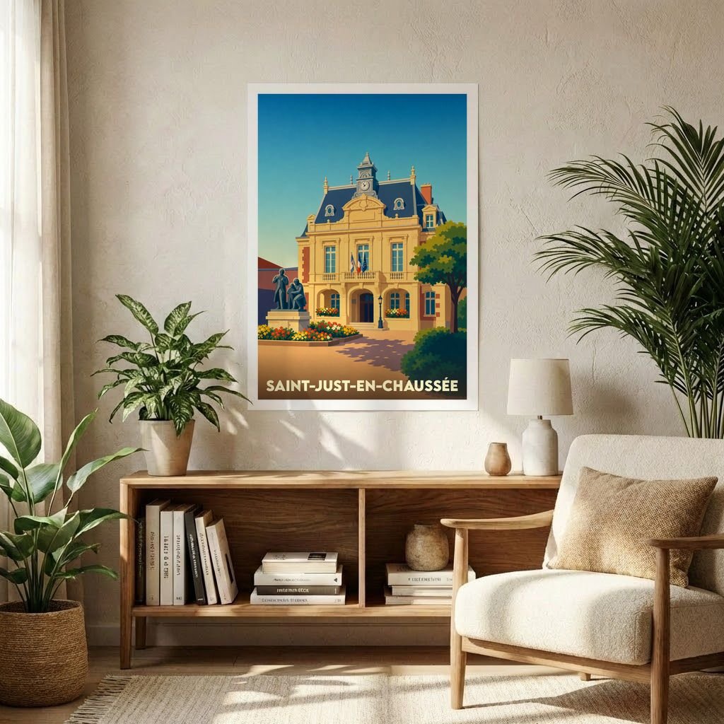 Affiche souvenir de la ville de Saint-Just-en-Chaussée avec une illustration stylisée de son hôtel de ville.