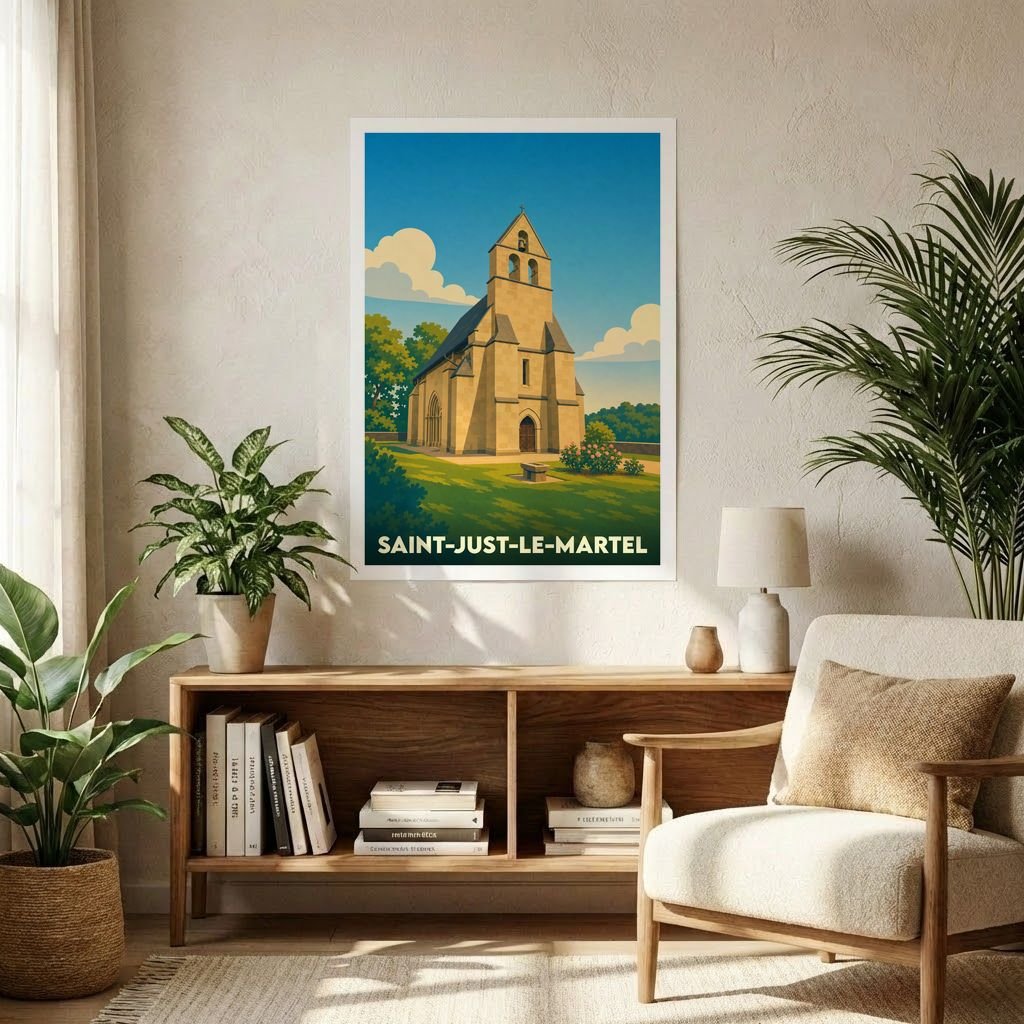 Affiche souvenir de la ville de Saint-Just-le-Martel avec une illustration stylisée de son église sous un ciel bleu.