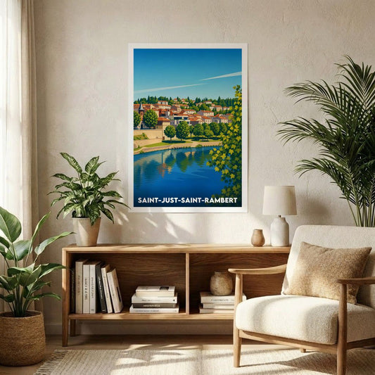 Affiche souvenir de la ville de Saint-Just-Saint-Rambert avec une illustration stylisée de ses bords de Loire.