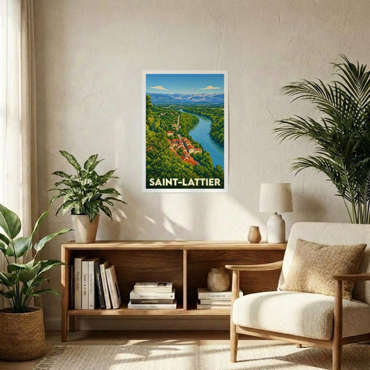 Affiche souvenir de la ville de Saint-Lattier avec une illustration stylisée de son paysage verdoyant.