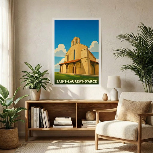 Affiche souvenir de la ville de Saint-Laurent-d'Arce avec une illustration stylisée de son église romane.