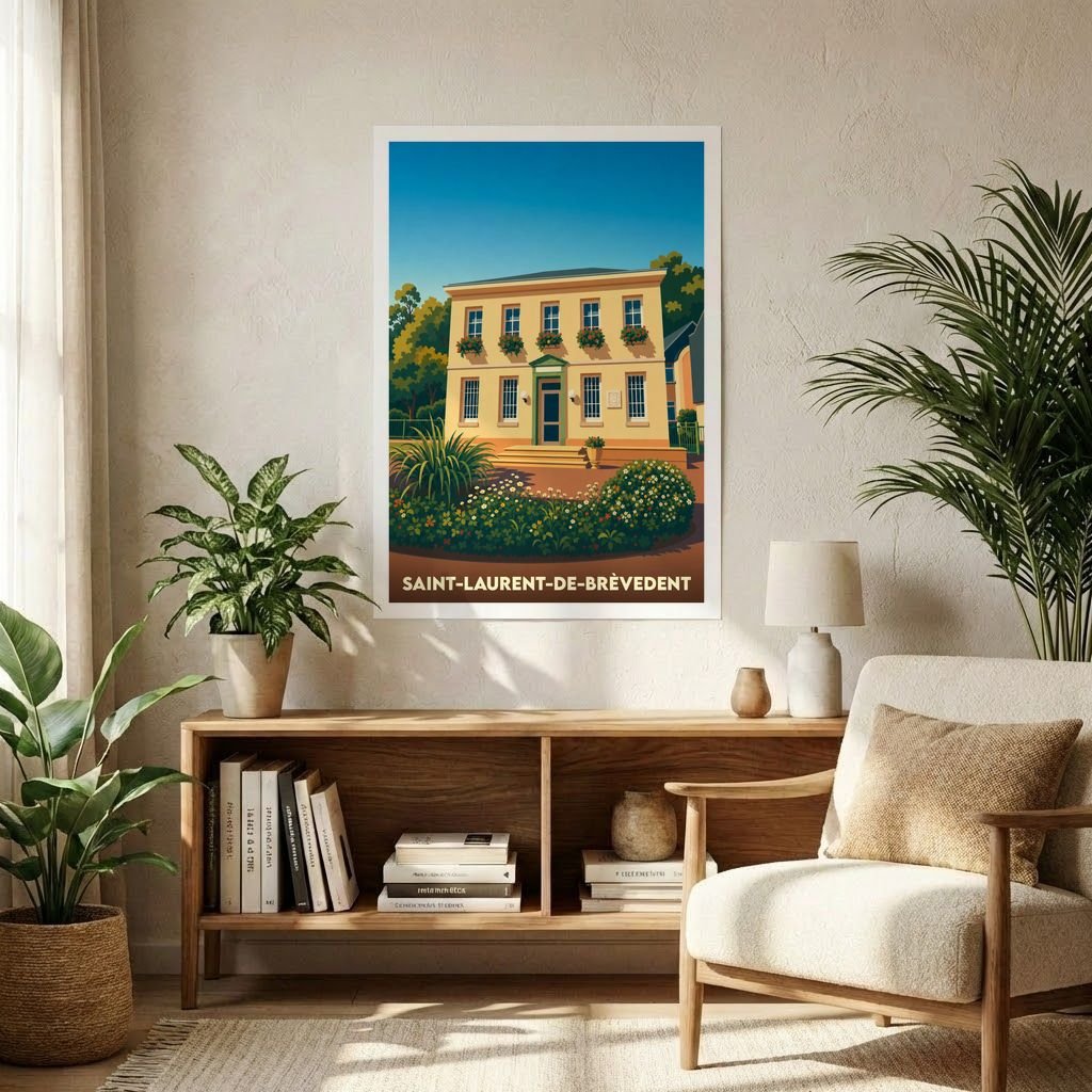 Affiche souvenir de la ville de Saint-Laurent-de-Brèvedent illustrant une bâtisse élégante dans un style graphique épuré.